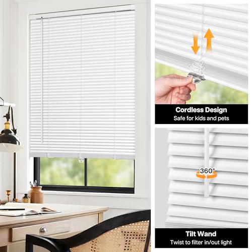 LazBlinds No Tools No Drill Cordless Aluminum Mini Blinds, 100% Privacy S-Curve Blinds for Windows, Room Darkening Horizontal Window Blinds and Shades for Home, 34" W x 36" H, White
