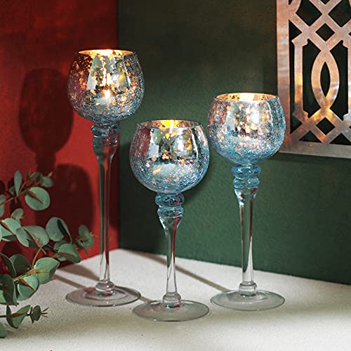 Hosley Elevate Ambiance with Set of 3 Crackle Blue Glass Tealight Holders 12 Inch, 10 Inch, 9 Inch Stylish Home Decor for Unique Candle Displays