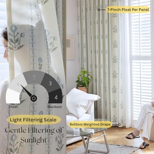 DrapePalette - Linen Blend Pinch Pleated Curtains 96 Inches Long for Living Room, Bedroom, Dining Room, Light Filtering Curtains 2 Panels Set, Modern Floral Printed Design, Antique White 30" W x 96" L