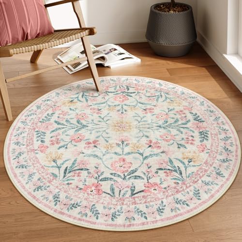 Lahome Sylvie Boho Light Pink Round Rug 4ft, Washable Small Circle Rugs for Bedroom Kids, Pink and Green Nursery Circular Carpet Girl Decor, Soft Non-Slip Round Carpet for Sunroom, Blush