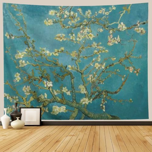 IcosaMro V. Gogh Tapestry Wall Hanging Almond Blossoms Nature Floral Wall Art [Double-Folded Hems] Rustic Wall Home Decor for Bedroom, Dorm, College, Living Room, 60x82.7 Inches, Green