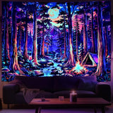 Racunbula Blacklight Fantasy Forest Tapestry UV Reactive Galaxy Space Moon Tapestry Trippy Pine Trees Wall Tapestries Nature Landscape Mountain River Tapestries Wall Hanging for Bedroom