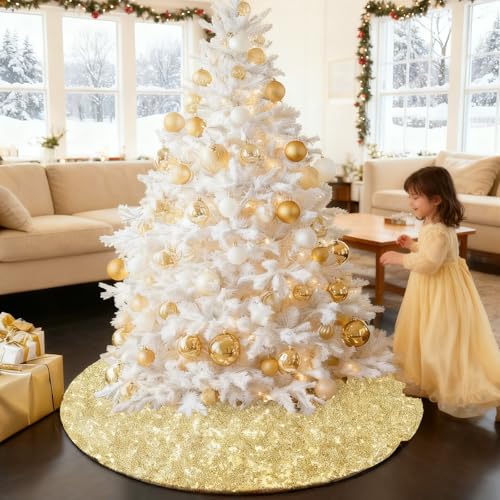 yuboo Gold Christmas Tree Skirt, 48 Inch Sequin Xmas Tree Mat - Glitter Tree Collar Double Layers for Gold Christmas Decorations&Ornaments