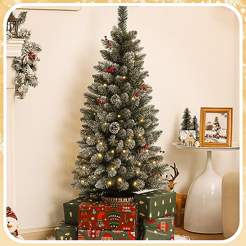 Decoway 4ft Christmas Tree Pre-Lit Artificial Mini Trees with Gold Pot Base, Flocked Snow 70 Warm White Led Lights Pine Cones Red Berries, for Entrances, Home Decorations Holiday Decor