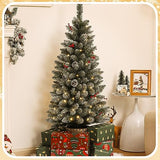 Decoway 4ft Christmas Tree Pre-Lit Artificial Mini Trees with Gold Pot Base, Flocked Snow 70 Warm White Led Lights Pine Cones Red Berries, for Entrances, Home Decorations Holiday Decor