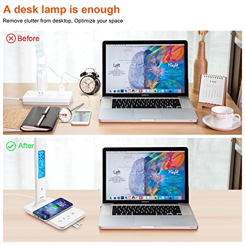 Desk Lamp with Wireless Charger, USB Charging Port, Dimmable Office Desk Light with Clock, Alarm, Date, Temperature, Foldable Lamp for Table Bedroom Bedside Office (White)