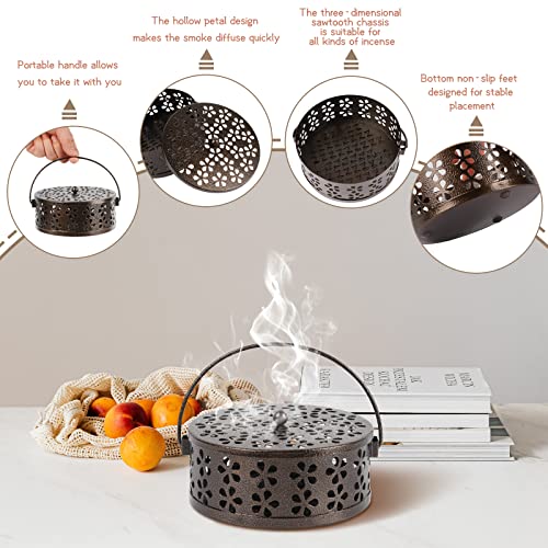 Portable Iron Mosquito Coil Holder with Handle Round Heat-Resistant Incense Holder for Home Office Camping (Bronze)