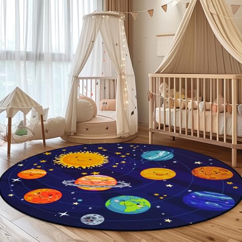 Boshengya Round Space Rug for Kids Room 40x40'' Solar System Circle Rugs for Bedroom Kids Rugs for Playroom Boys Space Planet Theme Rug Living Room Dining Room Decor