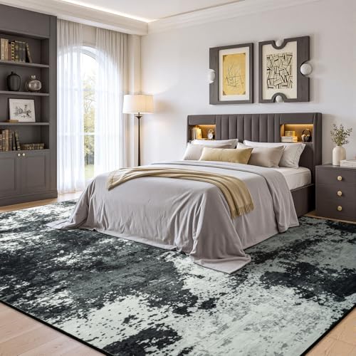 5x7 Back Grey Washable Area Rug Non-Slip Faux Wool Abstract Rug
