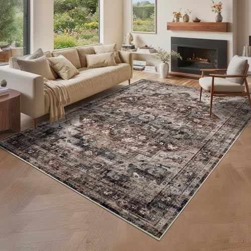 Garveehome Brown 8x10 Washable Rugs for Living Room Vintage Distressed Rug