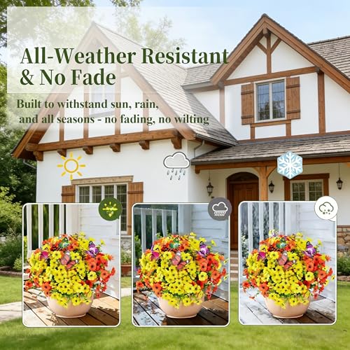 20 Bundles Artificial Flowers for Outdoors‌ and 6 Faux Butterflies | UV Resistant and No Fade, Maintenance-Free, ‌‌Fake Flowers for Garden Patio Porch Home Gifts Festivals Decor, Orange Yellow