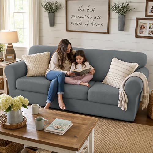 XINEAGE 2026 New 4 Pieces Couch Covers for 3 Cushion Couch Super Stretch Thick Soft Sofa Cover Anti Slip Sofa Slipcover Dogs Cats Furniture Protector (Light Gray, 71"-91")