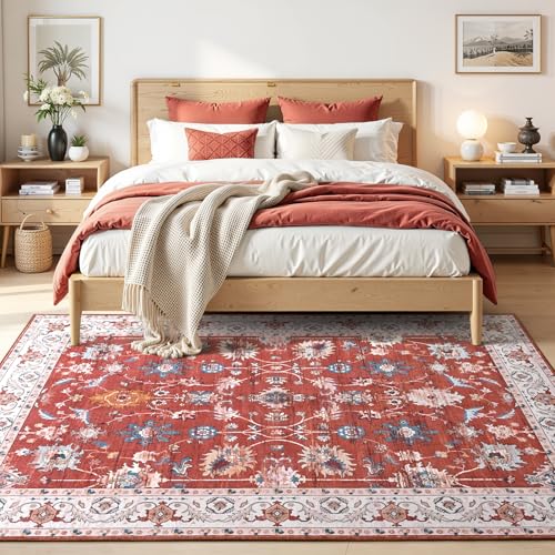5x7 Area Rugs for Living Room, Washable Rug Vintage Floral, Red