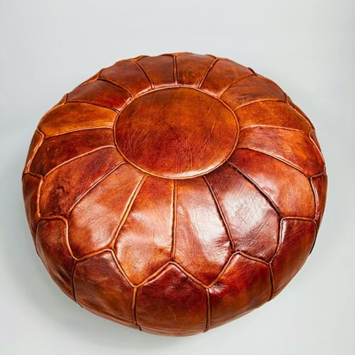 Brown Moroccan Leather Pouf – Set of 2 – Delivered Unstuffed – Handcrafted Ottoman, Footstool, Footrest, Floor Cushion – Versatile Artisan Accent