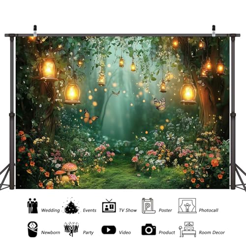 Spring Enchanted Forest Backdrop, Fairy Tale Wonderland Garden Backdrops for Photoshoot, Mushroom Butterfly Woodland Fairy Tea Party Decorations Photo Booth Studio Props Backdrops 7X5FT