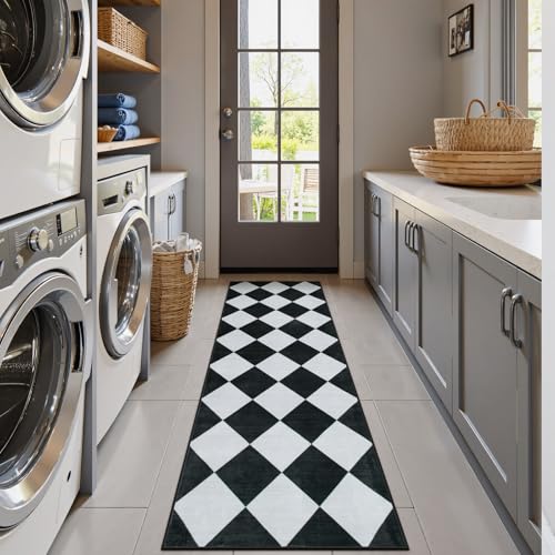 Checkered Print Black Bathroom Runner Rug 2x6, Washable Ultra Thin Non Slip Laundry Room Rug Moroccan Stain Resistant Kitchen Runner, Modern Trellis Carpet for Hallway Bedroom Entryway Decor
