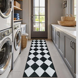 Checkered Print Black Bathroom Runner Rug 2x6, Washable Ultra Thin Non Slip Laundry Room Rug Moroccan Stain Resistant Kitchen Runner, Modern Trellis Carpet for Hallway Bedroom Entryway Decor