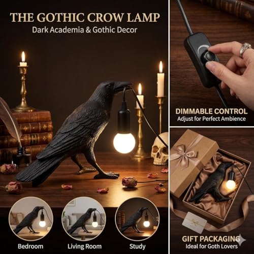 Crow Lamp Gothic Decor, Raven Table Lamp with Adjustable Brightness, Dark Academia Aesthetic Night Light for Bedroom, Halloween Black Bird Lamp, Unique Gift