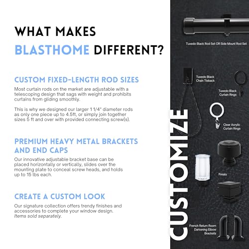 BlastHome® Non-Adjustable Luxury Curtain Rods for Windows, 1 ¼” Rod Set, 7 foot Fixed Length (Two Rods Connect for a Seamless Look), Tuxedo Black