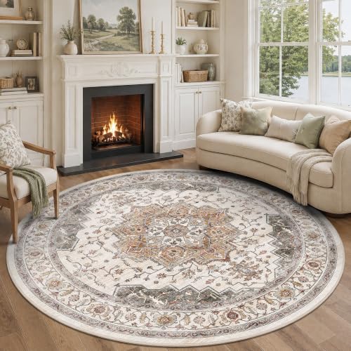 8ft Round Rug Low Pile Washable Vintage Print Rug Indoor Carpet