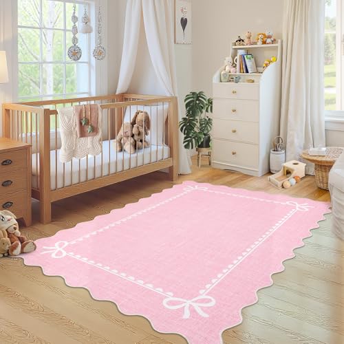 GarveeHome Scalloped Bow Rug for Living Room, Solid Pink Rug for Dorm, Washable Rugs 5x7 Soft Low Pile Non Slip Scalloped Rugs for Nursery College Bedroom Decor Kids Room Playroom