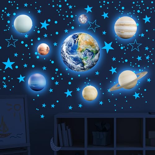 Glow in The Dark Stars Solar System Wall Decals, The Earth Wall Stickers for Bedroom, Baby Nursery Planets Sticker Decoration for Ceiling (Blue)