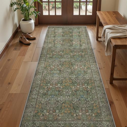 2x6 Runner Rug, Green Floral Rug for Entryway, Moynesa Washable Kitchen Rugs with Rubber Backing, Thin Soft Botanical Runners for Hallways, Bedroom, Laundry, Bathroom(2'x6', Dark Green)