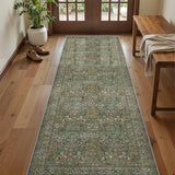 2x6 Runner Rug, Green Floral Rug for Entryway, Moynesa Washable Kitchen Rugs with Rubber Backing, Thin Soft Botanical Runners for Hallways, Bedroom, Laundry, Bathroom(2'x6', Dark Green)