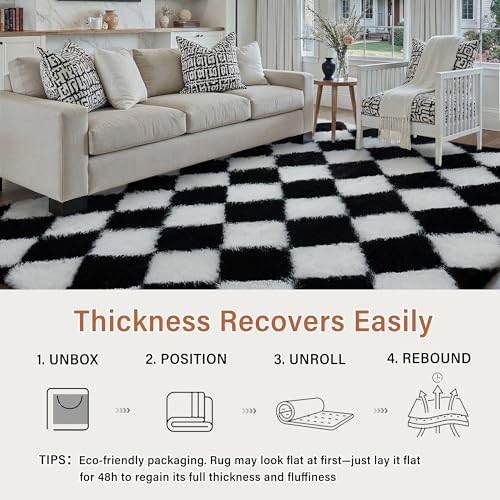 HUGEAR Checkered Rug 5x8 Living Room Black White Modern Shag Rug Soft Fluffy Washable Indoor Carpet Fuzzy Vacuumable Rugs for Bedroom Home Decor Non Slip