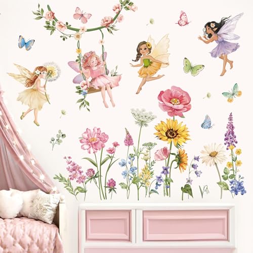 decalmile Flower Fairy Wall Decals Butterfly Girl with Wildflower Sunflower Wall Stickers Girls Bedroom Baby Nursery Kids Room Wall Decor