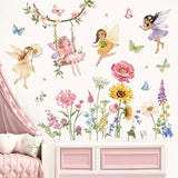 decalmile Flower Fairy Wall Decals Butterfly Girl with Wildflower Sunflower Wall Stickers Girls Bedroom Baby Nursery Kids Room Wall Decor