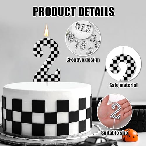 Racing Cars Themed Birthday Candle, Checkered Flag Number Candles Black and White Candles Happy Birthday Cake Topper Party Decorations for Boys Racing Cars Themed Party Supplies (Number 2)