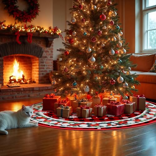36 Inch Christmas Tree Skirt, Holiday Christmas Decorations for Xmas Tree, Snowflake Red Background Tree Skirt, Christmas Tree Decor for Home Party