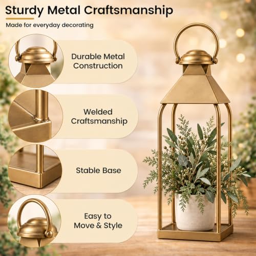Antique Gold Decorative Metal Lanterns Indoor Outdoor Set of 2