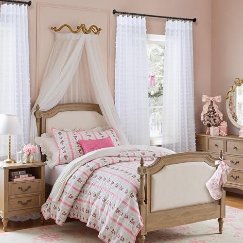 White Sheer Curtains 84 Inches Long for Living Room Bedroom Farmhouse White Pom Pom Curtains 2 Panels Back Tab Shabby Chic Boho Curtain Semi Sheer Nursery Kids Aesthetic Ruffle Drape 52x84 Length