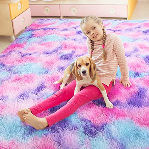 AROGAN Soft Rainbow Area Rugs for Girls Room 3x5 Feet, Fluffy Cute Colorful Princess Carpet for Kids Teens Nursery Toddler,Bedroom Hot Pink