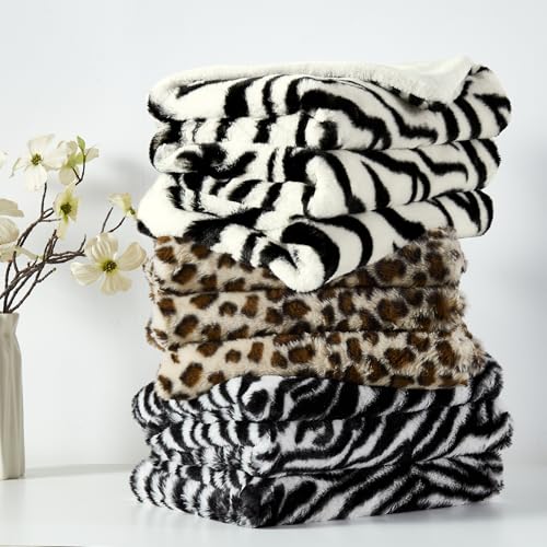 JONIYEAR Soft Fluffy Zebra Print Faux Rabbit Fur Throw Blanket 50" x 60", Luxury Cozy Shaggy Fuzzy Blankets, Reversible Cute Warm Animal Printed Blanket for Women Winter,Washable,Cream White and Black