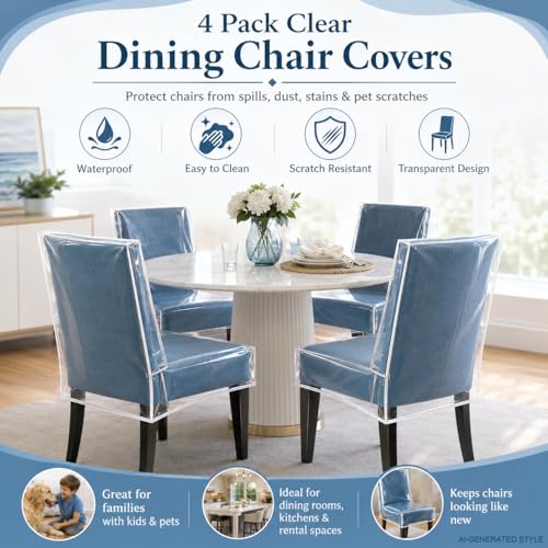2 Pack Clear Plastic Dining Chair Covers, Waterproof Dining Chair Protectors with Backrest, PE Chair Seat Covers for Kitchen, Dining Room, Kids Messes, Pet Hair, Cat Claws, Fits 21" x 18" Seat