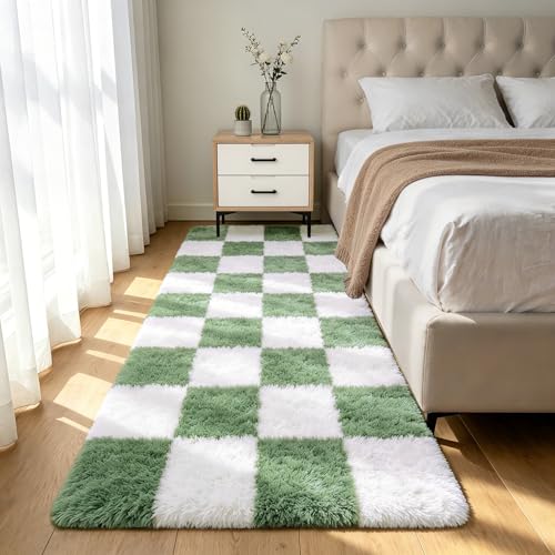 Shag Runner Rug for Bedroom Living Room 2x6 Upgrade Non-Slip Fluffy Soft Bedside Rugs,Green and White Shaggy Carpet for Livingroom Dorm Home Decor Aesthetic