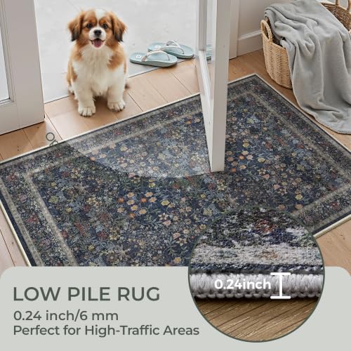 2x8 Runner Rug, Navy Blue Rug Floral Rugs for Entryway, Navy