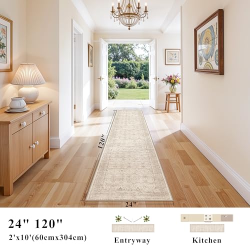Washable Runner Rug 2x10 Hallway, Ivory Taupe