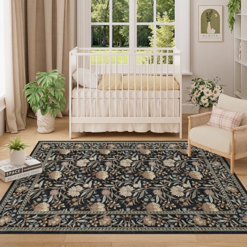 4x6 Area Rug, Washable Vintage Floral Rug for Living Room, Black