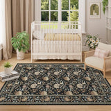 4x6 Area Rug, Washable Vintage Floral Rug for Living Room, Black