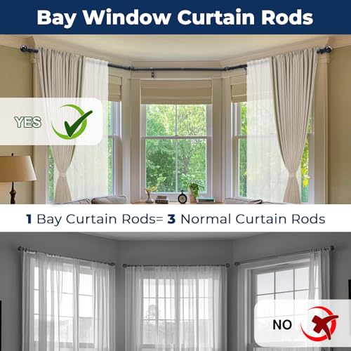 Bay Window Curtain Rods 1 Inch Rustproof Metal Corner Curtain Rod for Windows 59-184” Adjustable U Shape Rod - Foldable Corner Solution for Bay/Box/U Shaped Windows (Matte Black)