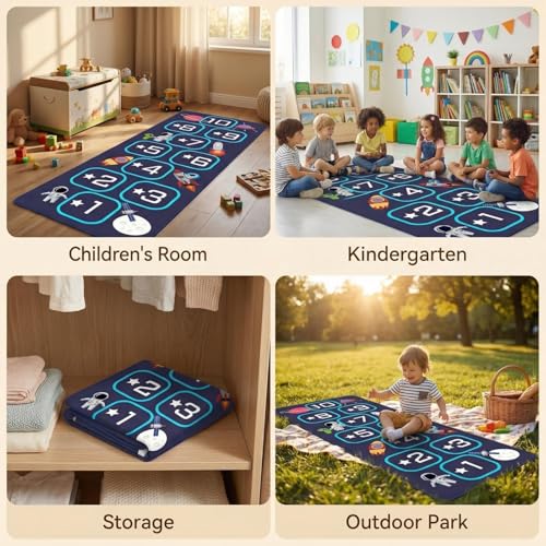 Hopscotch Rug for Kids Indoor, Hop Scotch Mat Non-Slip Carpet, Educational Hopscotch Game Rug with Numbers, Washable Play Mat for Classroom Bedroom, Indoor Hopscotch for Boys Girls