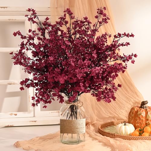 Waipfaru 6Pcs Fake Flowers Babys Breath Silk Artificial Flowers Gypsophila Bouquets Bulk Real Touch Fall Stems for Fall Thanksgiving Decor Autumn DIY Floral Arrangement Table Centerpieces, Wine Red