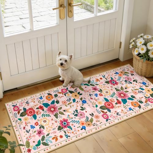 Floral Washable 2x5 Area Rugs Runner Entryway Hallway Pink