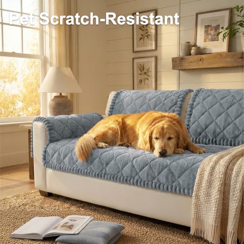 Smiry Couch Cover for Dogs, Non Slip Washable Pet Sofa Protector for Large Dogs, Cats, Fuzzy Plush Sofa Covers for 2 Cushion Couch, Against Fur, Dirt & Scratch Resistant, Grey, 27.6"×59"
