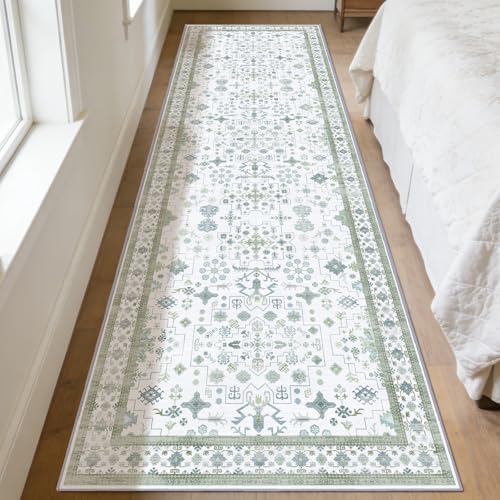 2'6 x 10' Runners Rug for Kitchen Washable (Pale Sage Misty Blue)