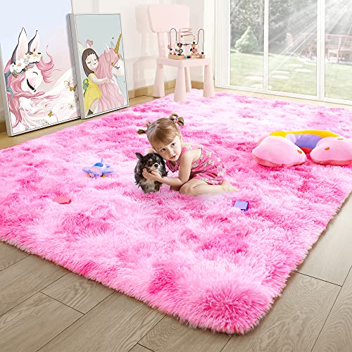 4x6 Tie-Dyed Pink Area Rug for Kids Bedroom Living Room, Fluffy Shag Soft Plush Furry Carpet, Non-Slip Indoor Floor Mat for Dining Room Home Decor